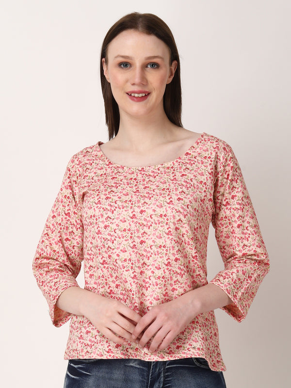 Floral Print Pink Regular Sleeves  Casual Winter Top