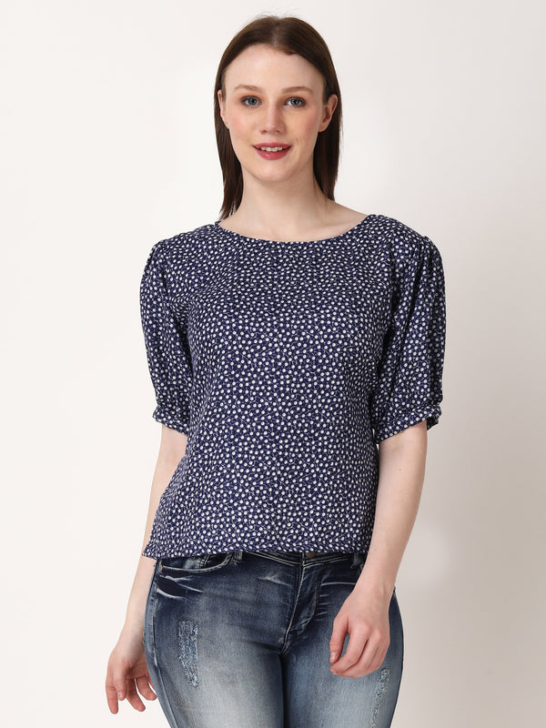 Floral Print Blue Regular Sleeves  Casual Regular Top