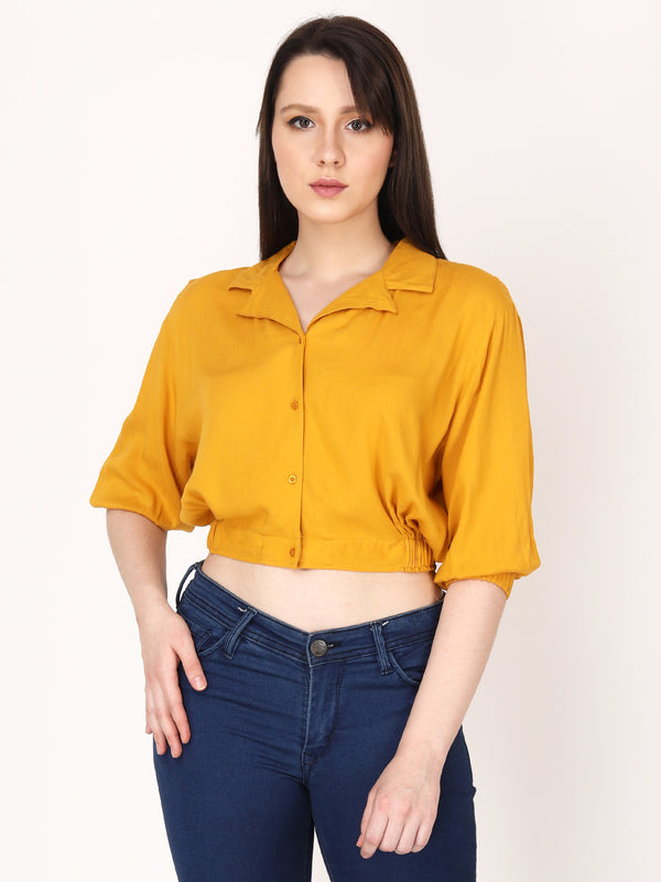 Solid Yellow Puff Sleeves Regular Casual Wear Top