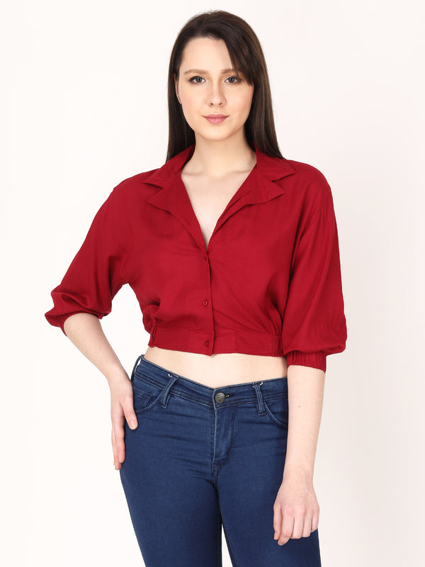 Solid Red Puff Sleeves Regular Casual Wear Top