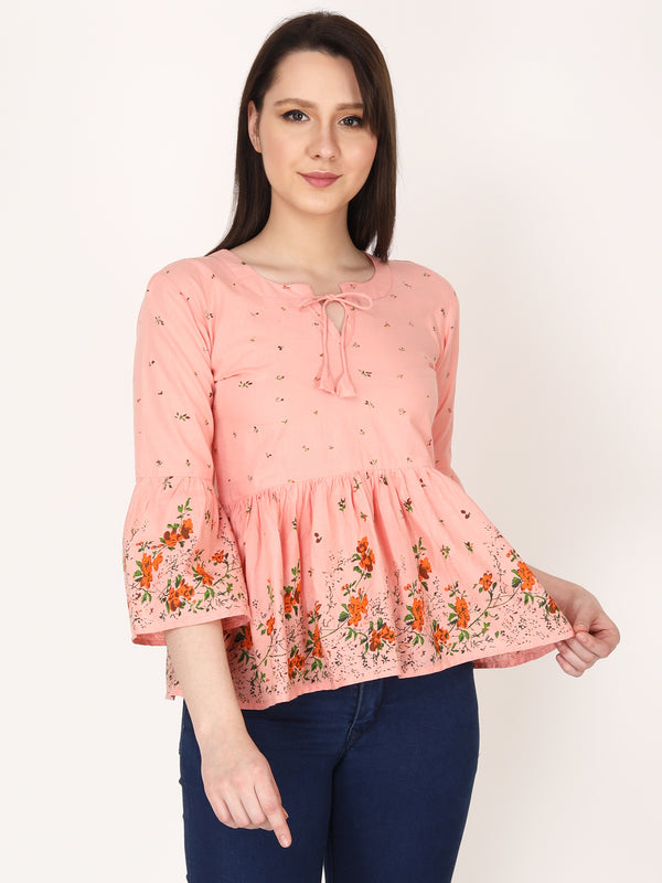 Floral Print Pink Flute Sleeves Regular Casual Wear Top