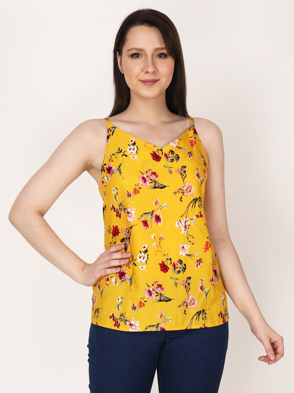 Floral Print Yellow Noodle Straps Regular Casual Wear Top