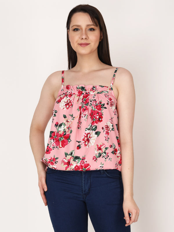 Floral Print Pink Sleeveless Regular Casual Wear Top