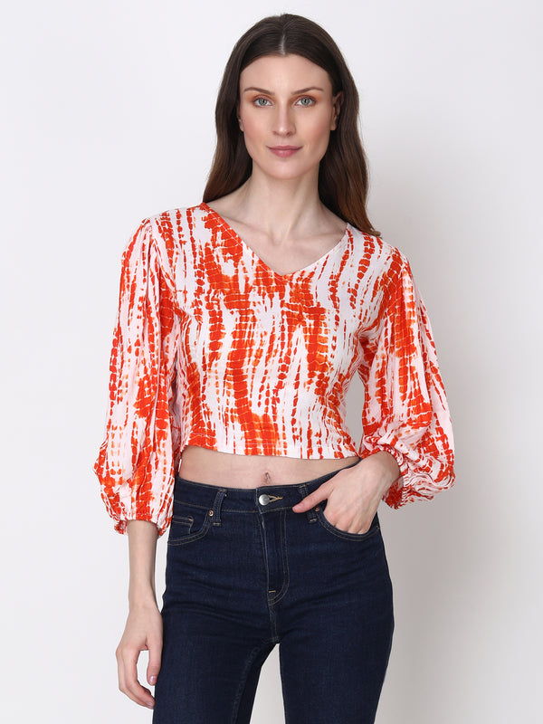 Striped Orange Balloon Sleeve Regular Party Wear Top