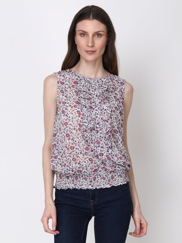 Floral Print Multicolor Sleeveless Regular Party Wear Top