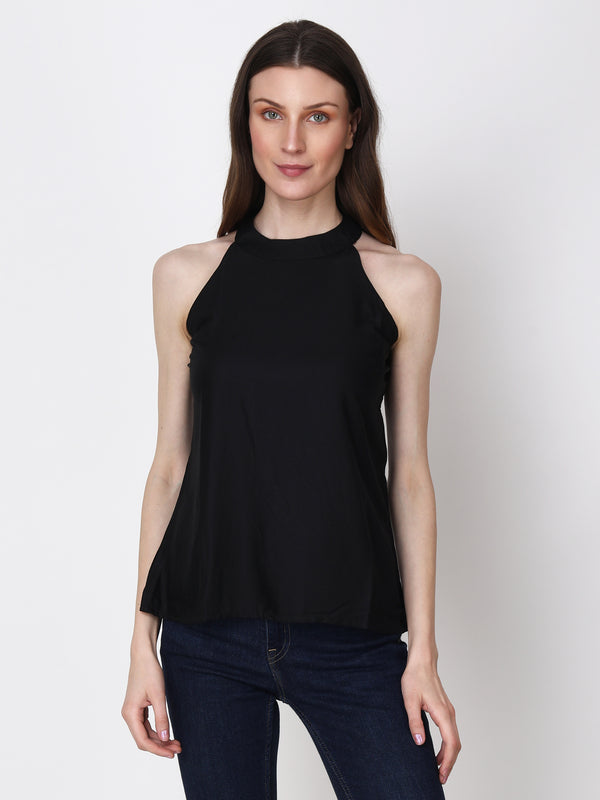 Solid Black Sleeveless Regular Party Wear Top