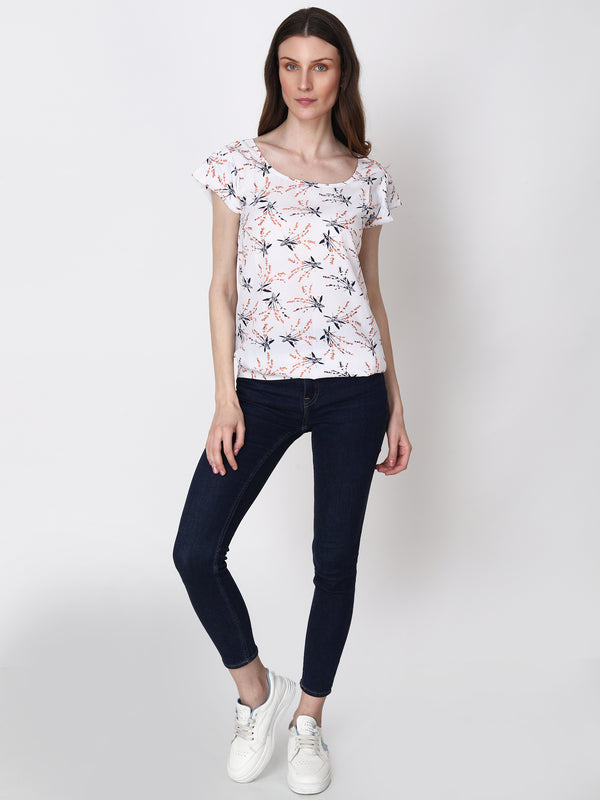 Floral Print White Petal Sleeves Regular Party Wear Top