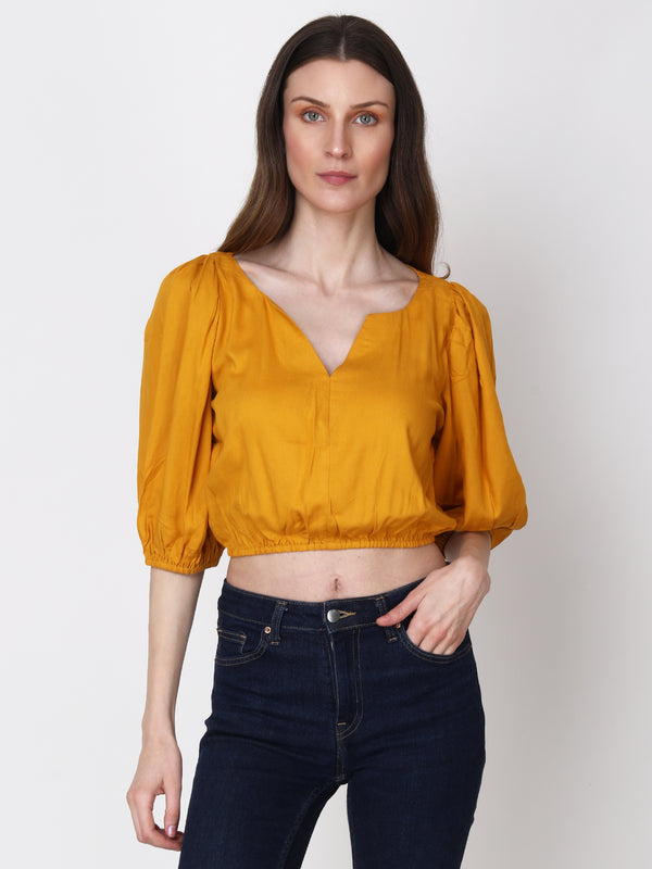 Solid Yellow Puff Sleeves Regular Formal Wear Top