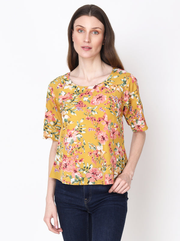 Floral Print Yellow Flute Sleeves Regular Casual Wear Top