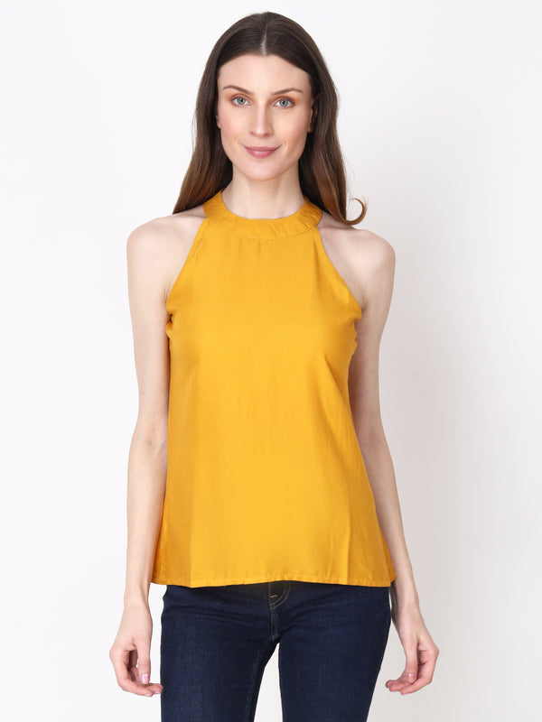 Solid Yellow Sleeveless Regular Party Wear Top