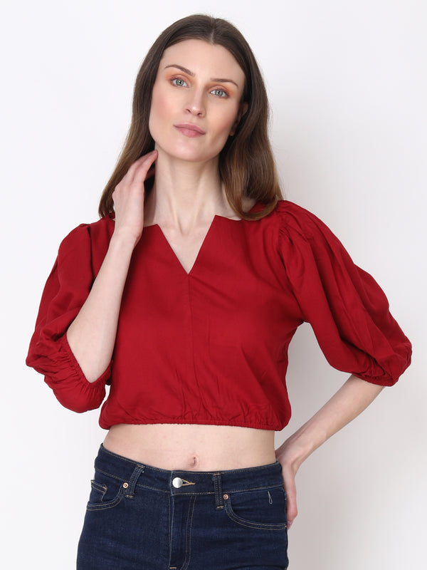 Solid Maroon Puff Sleeves Regular Formal Wear Top