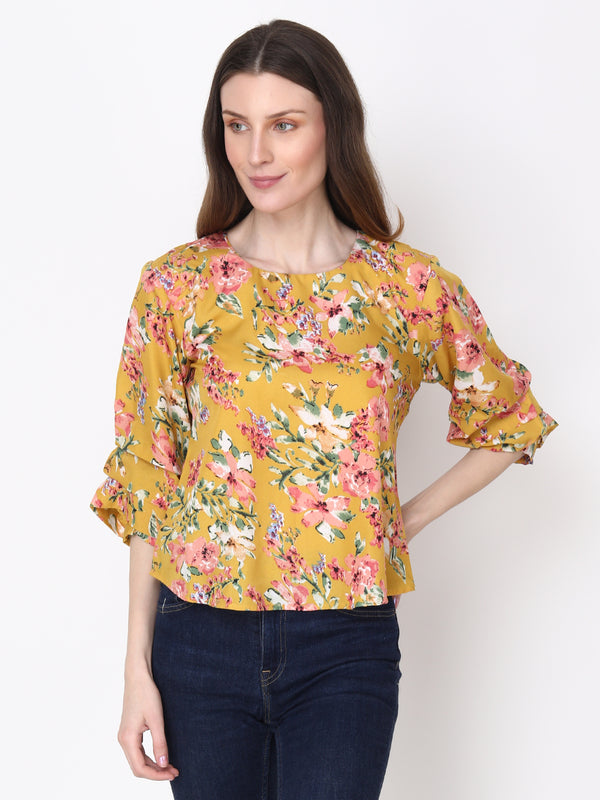 Floral Print Yellow Puff Sleeves Regular Casual Wear Top