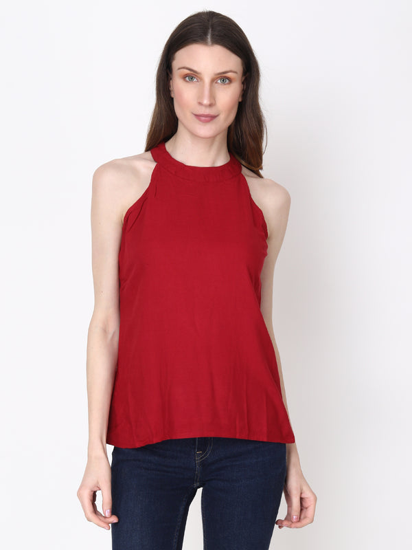 Solid Maroon Sleeveless Regular Party Wear Top