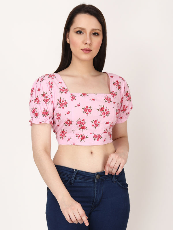 Floral Print Pink Puff Sleeves Regular Casual Wear Top